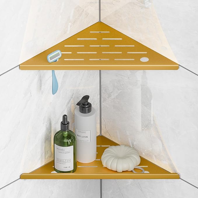 Shower Corner Shelf with Razor Hole,Modern Style Shower Caddy, Sturdy 304 Stainless Steel Shower Organizer,No Drilling Bathroom Corner Shelf for Tile Wall Gold 2 Pack-10 by HBXS
