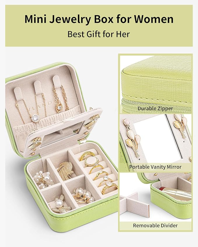 VLANDO Small Travel Jewelry Box Organizer - Girls Women Gift Rings Earrings Necklaces Jewelry Storage Display Case with Mirror Green - Image 3