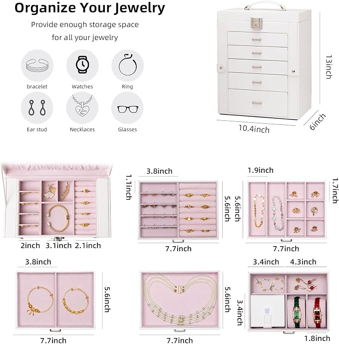 Large Jewelry Box,5-Tier PU Leather Jewelry Organizer with Lock,Multi-functional Storage Case with Mirror,Jewelry Organizer for Bracelets, Earrings, Rings, Necklaces, Mothers Day (CREAM) - Image 4