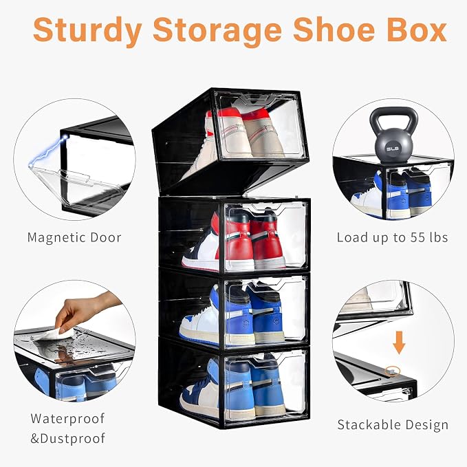 Stebopum 12 Pack Stackable Shoe Storage Organizer with Magnetic Door, Shoe Boxes Clear Black Plastic for Closet, Shoe Rack for Sneaker Boot Container, Shoe Cabinet Fit up to US Size 12 - Image 3