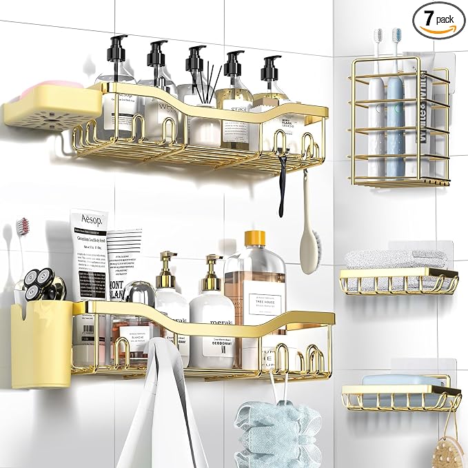 NESOMI Shower Caddy Adhesive Shower Organizer 7-Pack, Rustproof Stainless Steel Bathroom Shelves, Large Capacity No-Drill Rack Storage Accessories with Soap Dish Toothbrush Holder Hooks by OrganizeYourHomeEssentials