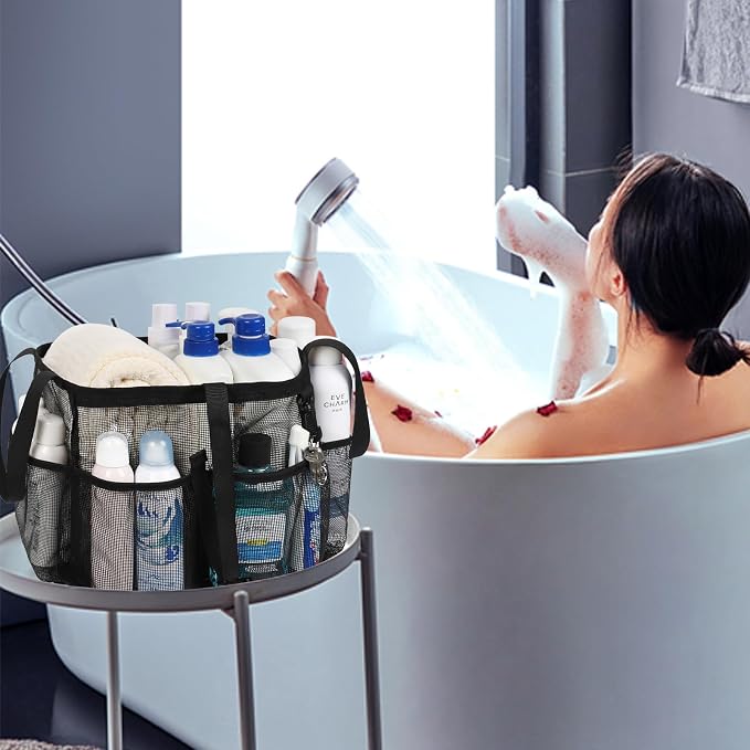 Mesh Shower Caddy Portable, Quick Dry Hanging Toiletry Bag for College Dorm Essentials with 4 Pockets/Divider/Plastic Bottom, Travel Tote Bag for Camping, Bathroom, Beach, Swimming, Gym - Image 8
