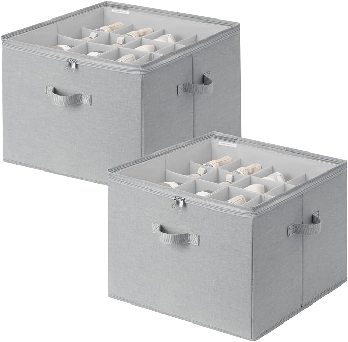 StorageWorks 2 Pack Shoe Organizer for Closet, Foldable Shoe Storage Box with Adjustable Dividers, Fabric Shoe Boxes Organizer for 32 Pairs, Closet Organizers and Storage Bin for Boots, Sneakers, Grey by StorageWorks