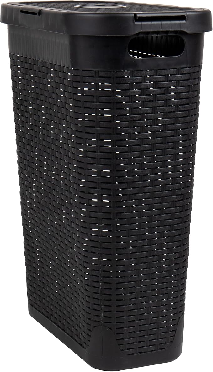 Mind Reader Slim Laundry Hamper with Lid, 40L Clothes Basket, Narrow Tapered Design with Ventilated Cutout Pattern, Plastic, Set of 2, Black - Image 7