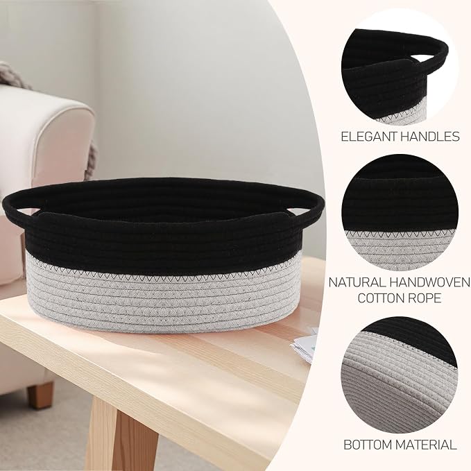 JMvicyroam Woven Basket,Small Rope Storage Bin with Handles & Ribbon Bag, Organizer for Shelves Closets,Gift Basket Empty for Birthday,Books,Dog Toys, Black&Grey - Image 3