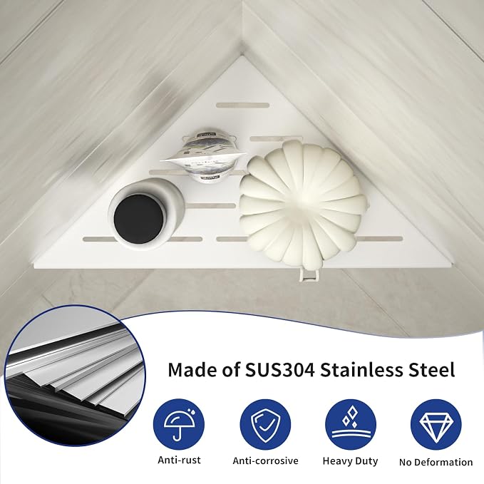 Corner Shower Shelf, 304 Stainless Steel with Slot Design for Bathroom Storage, Grout in Shelf for Tiled Wall (White, 10"-2 Pack) - Image 2