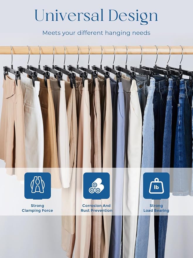 Smartor Space Saving Heavy Duty Hangers - 180 Pack, Slim Plastic Pants and Shorts Hangers, Ridged Non-Slip with Pinch Clips, 360-Rotating Chrome Swivel Hook, Black, 10 Inches - Image 4
