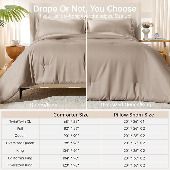 MUXHOMO Queen Comforter Set, All Season Ultra Soft Down Alternative Bedding - 3 Piece Lightweight Bed Set Includes 1 Comforter (90"x90") and 2 Pillow Shams (20"x26"), Dark Linen