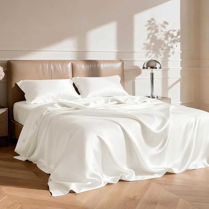 Love's cabin Twin Silky Soft Satin Bed Sheet Set - 3 Piece, Ivory, Luxury Fitted & Flat Sheets, Deep Pockets, Envelope Closure, 1800 Thread Count, Cooling, Breathable, Hypoallergenic