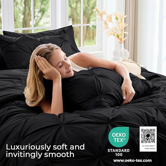 Sasttie Twin XL Comforter Set, 5-Piece Bed in a Bag, Pintuck Bedding Sets for All Season, Includes Comforter, Flat Sheet, Fitted Sheet, Pillowcase and Pillowsham, Black