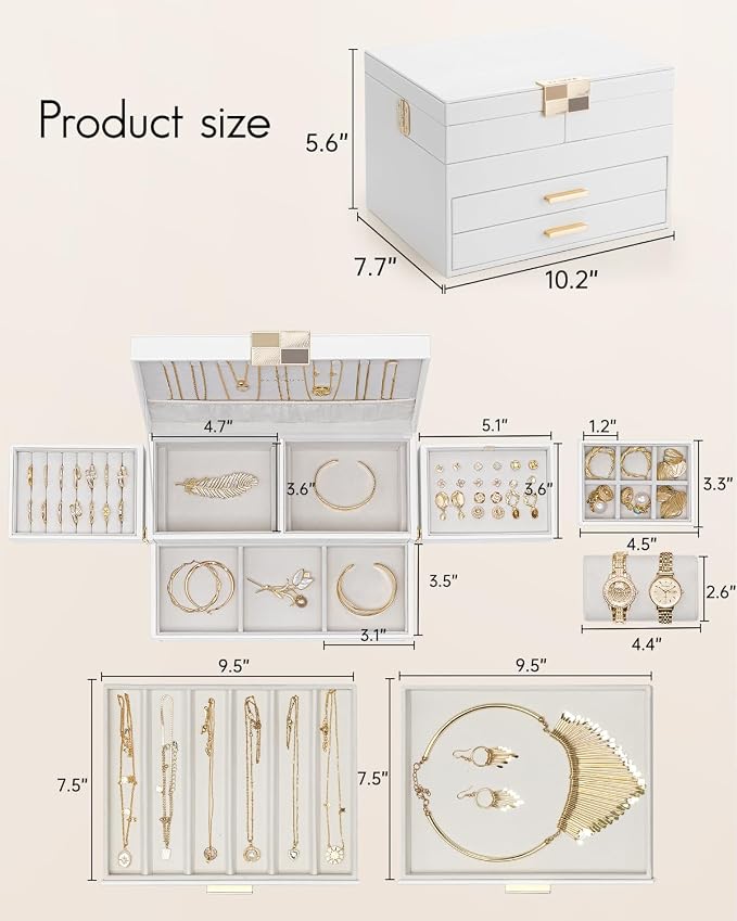 VLANDO 4 Layers Jewelry Box - Women Jewelry Box with Retractable Tray - Jewelry Organizer with Drawer for Necklaces, Rings, Bracelets, Earrings, Gift for Couples Mom Girls - White - Image 6