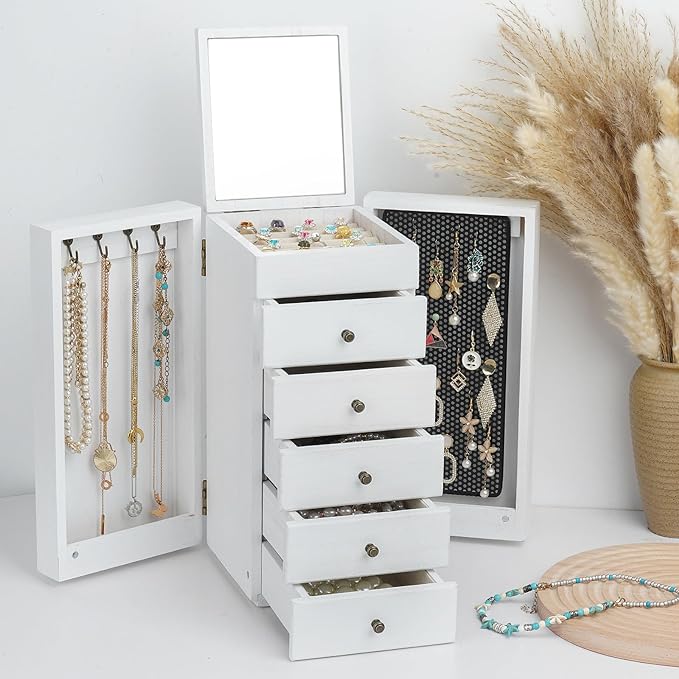 Meangood White Jewelry Box Wood for Women, 6-Layer Large Organizer Box with Mirror & 5 Drawers for Rings, Earrings, Necklaces, White by Meangood