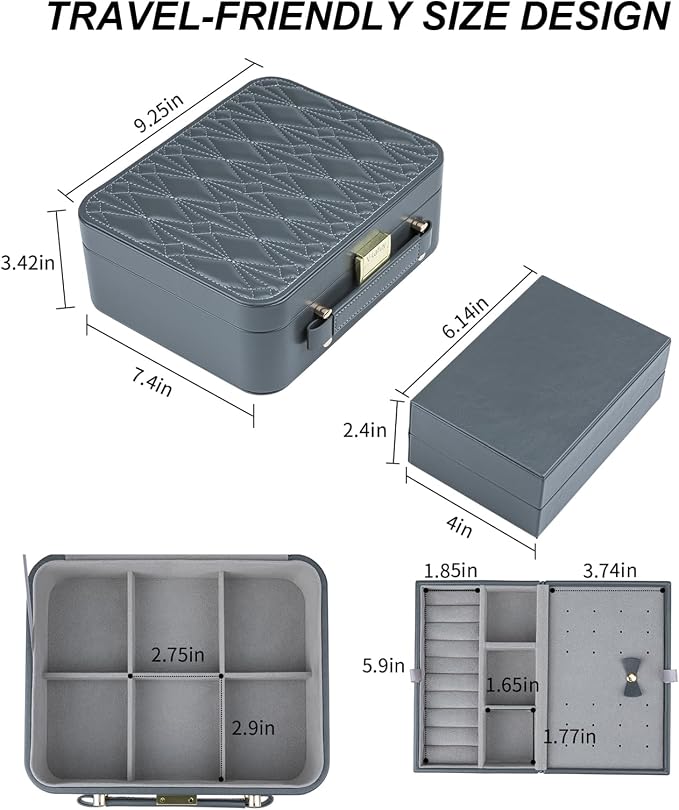 Travel Jewelry Case Large Jewelry Box Jewelry Travel Organizer Jewelry Case with Handle Removable Tray Best Gift for Women Girls (Grey) - Image 4