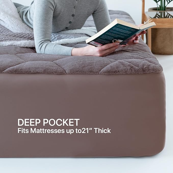 Faux Fur Mattress Pad Quilted Fitted Mattress Cover, Fluffy Warm Soft Breathable Mattress Protector, Mattress Topper with 8-21" Deep Pocket (Gray, King)