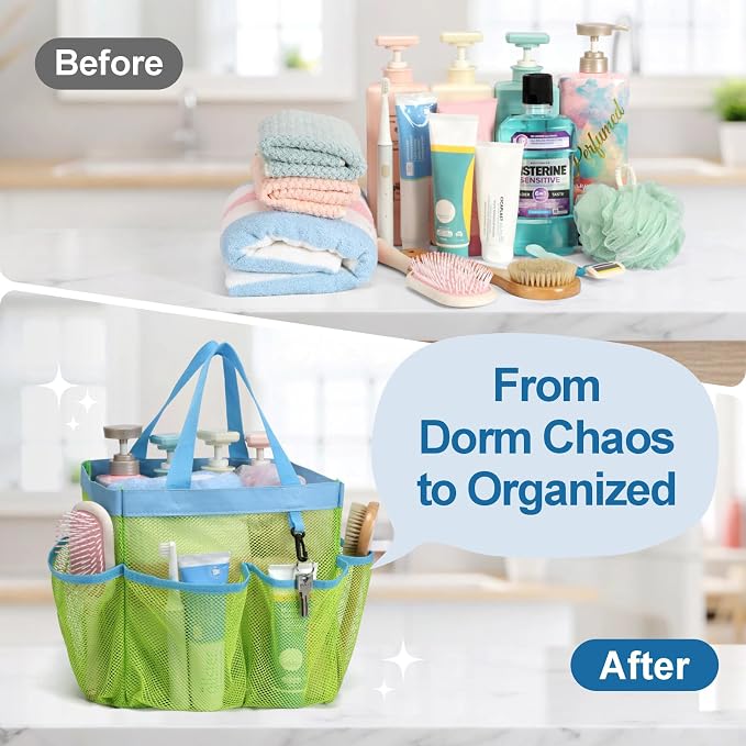 F-color Mesh Shower Caddy Portable, Upgrade Deeper 7 Pockets Shower Bag Basket Bag Tote for College Dorm Room Toiletry Bathroom Essentials Gym Camp Quick Dry 2 handles with S Hook - Image 8
