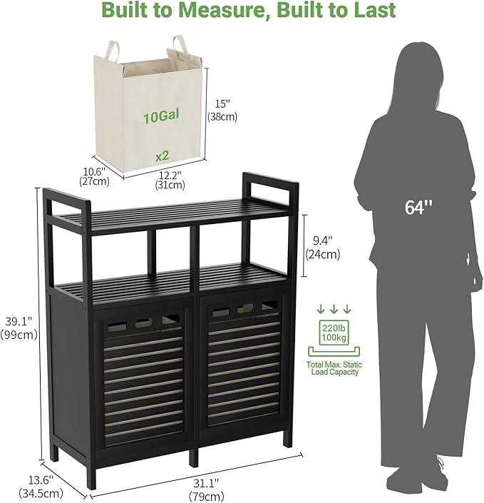Homykic Tilt Out Laundry Hamper Cabinet, Bamboo Double Laundry Hamper with 2 Removable Laundry Baskets, 20 Gal Laundry Sorter Organizer with Shelf for Dirty Clothes, Bathroom, Laundry Room, Black - Image 7