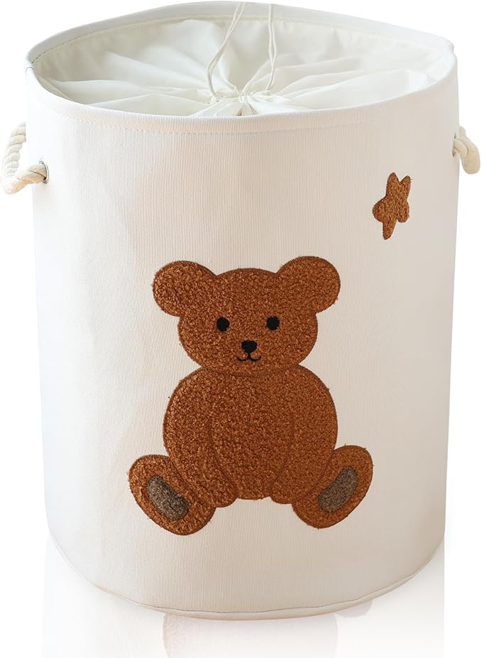 INough Large Laundry Basket Tall Baskets Storage for Dirty Clothes, Toys Storage Bins Baby Hamper 58L Clothes Hamper Blanket Basket Baby Toys Organizer for Nursery Bedroom Living Room Decor, Bear by INough