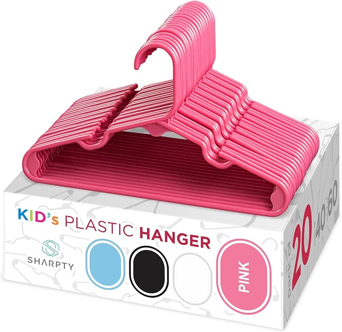 Sharpty Kids Plastic Hangers, Children's Hangers for Baby, Toddler, and Child Clothes - Everyday Standard Use - Ideal for Boys and Girls Closet, Clothing, Pants, Coats, and More - Pink, 20 Pack by Sharpty