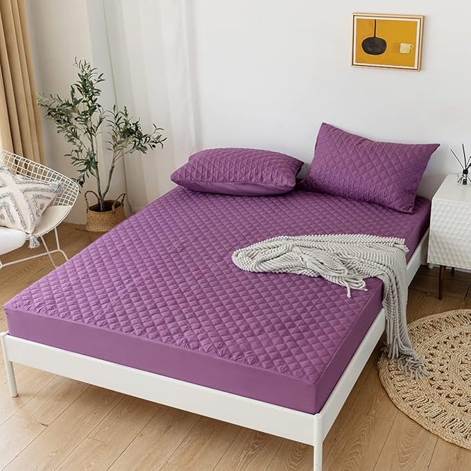 jejeloiu Purple Quilted Mattress Pad, 100% Waterproof Breathable Twin Bedding Fitted Sheet Mattress Protector 14" Deep Pocket Cotton Snow Down Alternative Filling Mattress Cover (Twin,Purple)