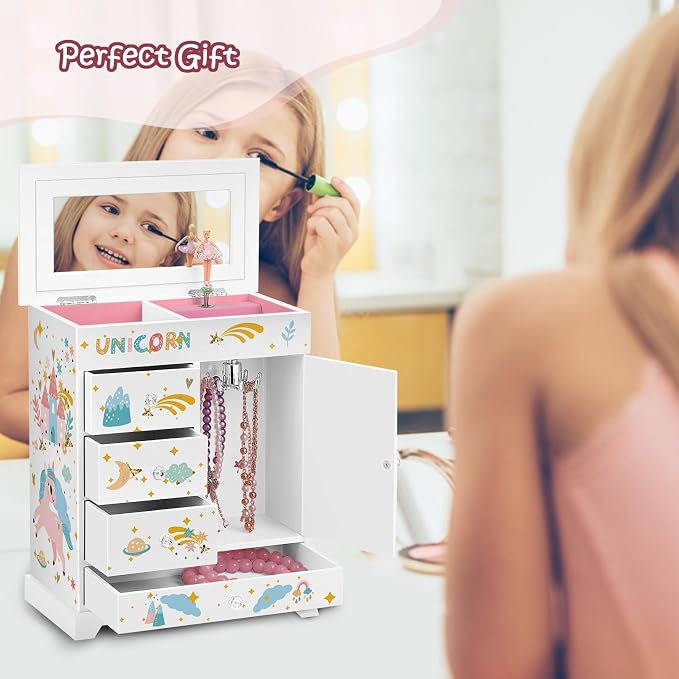 Large Jewelry Box for Girls 5-Layer Music Box with Swing Door Spinning Ballerina Unicorn Necklace & Bracelet Set Children Jewelry Organizer for Girls Kids Birthday Christmas Gift White - Image 6