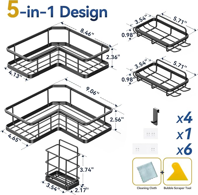 YASONIC Corner Shower Caddy, 5-Pack Adhesive Rustproof Stainless Steel Shower Organizer with Soap Holder, No Drilling Shower Shelf for Inside Shower, Dorm, Renters, Black - Image 2