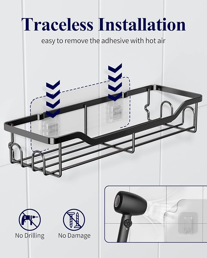 Kitsure Shower Caddy Large - Adhesive Shower Organizer, Stainless Steel Shelf for Inside Shower, No Drill Bathroom Organizers and Storage, Home Decor Accessories, 2 Pack, Black - Image 5