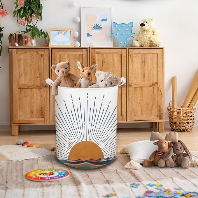 Boho Laundry Basket, Mid Century Modern Boho Terracotta Sun Sea Wave Waterproof Collapsible Laundry Hamper Dirty Clothes Storage Toy Bin Organizer for Bathroom Bedroom Nursery Girls Kids Room - Image 5