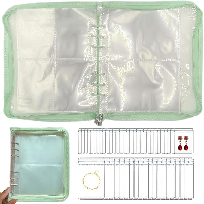 HSLFUAI Transparent Jewelry Storage Travel Organizer Book for Necklace, Bracelet, Ring - Holder With Small Clear Pouch - Green by Homestorageforyouandi