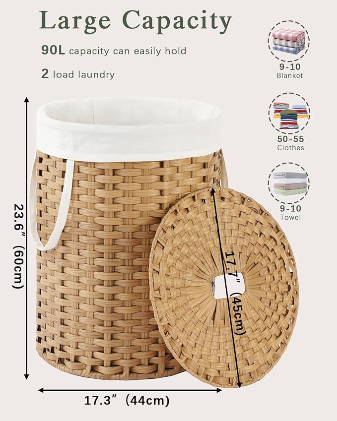 SETVSON Laundry Hamper with Lid 23.8 Gal (90 L) Round Laundry Basket with Lid Handwoven Clothes Hamper Removable Bag 2 Mesh Bags Rattan Woven Basket Handles for Bathroom Living Room Natural - Image 2
