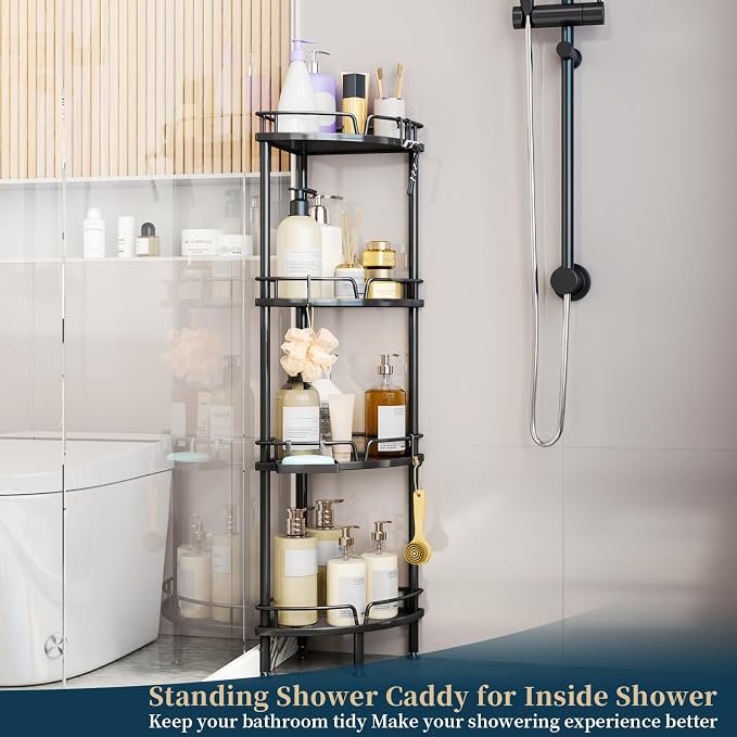 Consumest Corner Shower Caddy Stand - 4 Tier Shower Organizer with Soap Holder, Tall Floor Corner Shelf Standing with Adjustable Feet & 4 Hooks, Storage Rack for Bathroom Black - Image 5