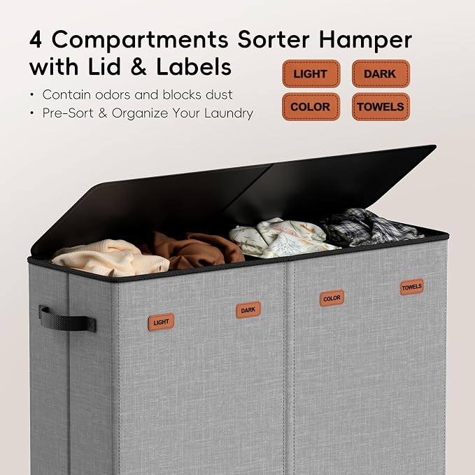 Laundry Hamper 4-Section with Lid, 185L Laundry Sorter with 4 Removable Bags + 1 Extra Large Bag, Switchable 3/4 Compartment, Laundry Basket Organizer for Bedroom, Laundry Room，Grey - Image 4
