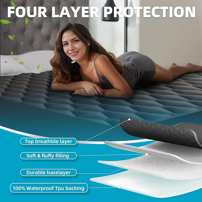 Queen Mattress Protector, Waterproof Mattress Pad Noiseless with Deep Pocket for 8-21 inches Mattress, Soft & Breathable Bed Mattress Cover Washable for Home, Bedroom, Hotel Queen Size (Dark Gray)