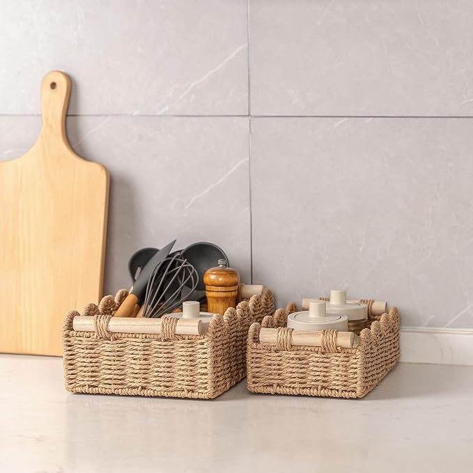 CubesLand Toilet Paper Storage Organizer Basket, Scalloped Decorative Baskets for Over Toilet Shelves, Wicker Small Basket Perfect for Home Countertop Storage & Decor, Living Room Shelf Decor, Neutral - Image 5