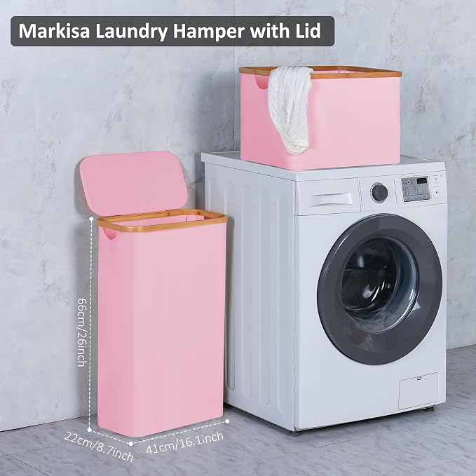 Slim Laundry Basket,60L Laundry Hamper with Lid, Tall Hamper for Laundry,Dirty Cloth Hamper with Bamboo Handle for Toys,Towels, Clothes Organizing,Pink - Image 3