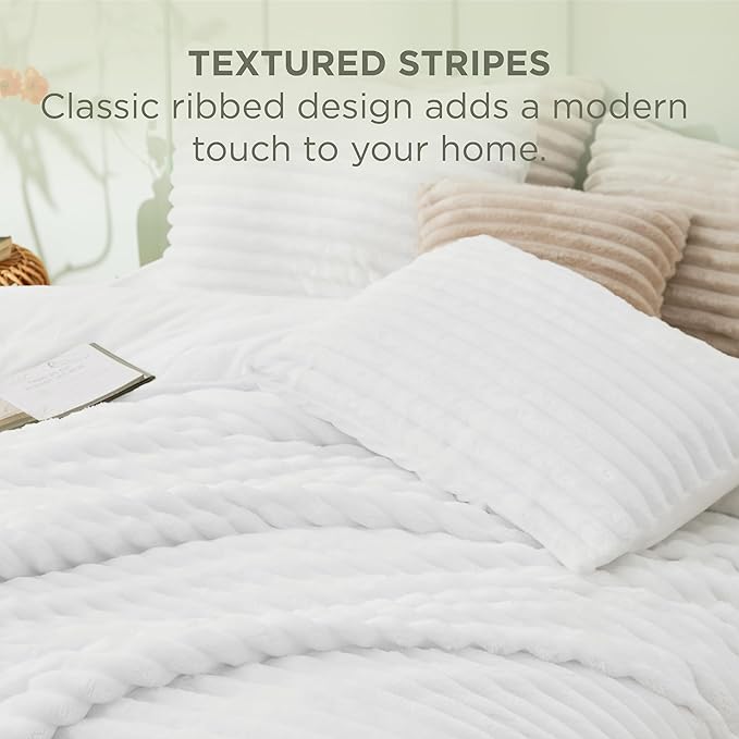 Bedsure King Comforter - GentleSoft™ 3 Pieces Double-Side Fleece Fluffy Bright White Comforter Set, Cozy Striped Room Decor Aesthetic, Luxury King Size Bedding with 2 Pillowcases, 104x90 Inches