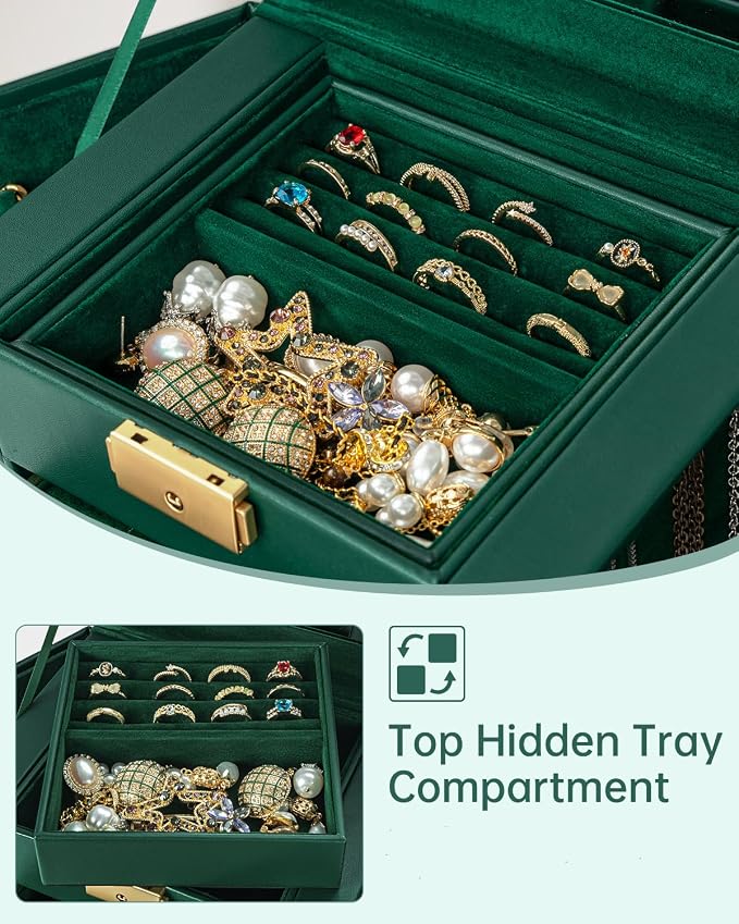 AKOZLIN 4-Tier Jewelry Box Leather Jewelry Storage Organizer with 3 Drawers Lockable for Women Girls Ring Necklace Earring Bracelet Holder with Mirror Forest Green - Image 5