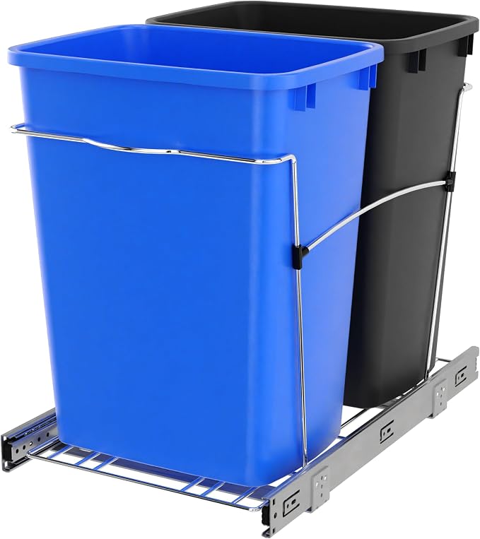 Rev-A-Shelf RV-18KD-2218C-S Double Pullout Trash Cans for Kitchen Cabinets 35 Quart Garbage Recycling Bin on Full Slides, Blue/Black by Rev-A-Shelf