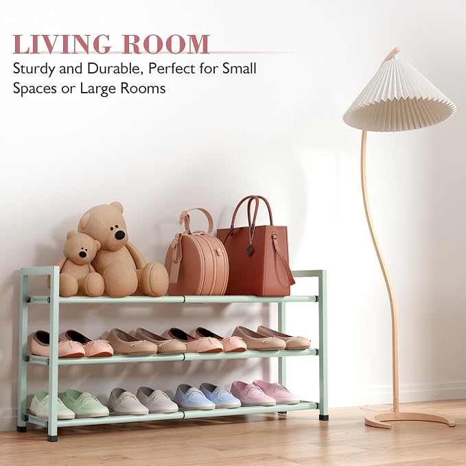 Bumusty 3-Tier Expandable Shoe Rack for Closet, 18“-33” Adjustable Shoe Rack for Small Space, Small Shoe Organizer for Front Door, Sturdy Metal, Green - Image 5