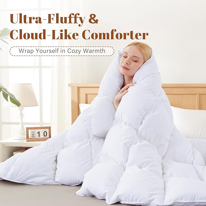 Cosybay Heavyweight Twin Size Feather Down Fiber Comforter - Thicker Winter Duvet Insert, Ultra Soft 100% Cotton Cover, Luxury Hotel Bedding with Corner Tabs, White,68"x90"