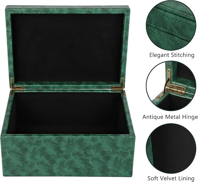 HofferRuffer Faux Leather Decorative Box, Large Wooden Structure Keepsake Box Accessory Organizer Jewelry Organizer with Hinged Lid, Storage Container for Home or Office (Dark Green) - Image 3