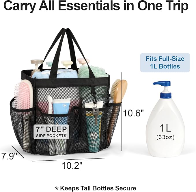 F-color Mesh Shower Caddy Portable, Upgrade Deeper 7 Pockets Shower Bag Basket Tote for College Dorm Room Bathroom Essentials Gym Camp Quick Dry 2 handles with S Hook, 2 Pack Black - Image 2