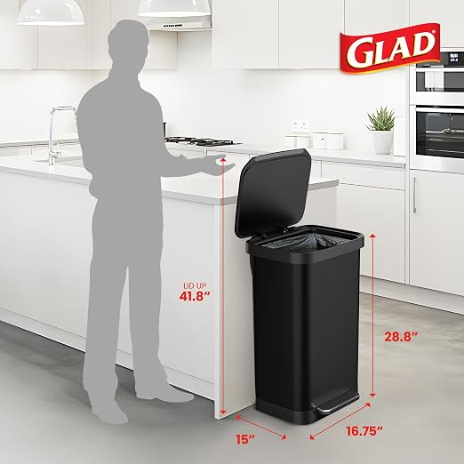 Glad Stainless Steel Step Trash Can, Series 2 with Clorox Protection - Large Black Kitchen Garbage Bin with Soft Close Lid, Foot Pedal and Waste Bag Roll Holder, 20 Gallon - Image 2