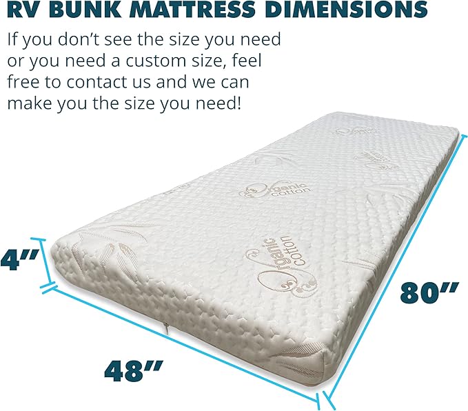 Foamma 4" x 48" x 80" Memory Foam Mattress for RV with Water Resistant Organic Cotton Cover, Firm High Density Foam Base, USA Made, CertiPUR-US Certified