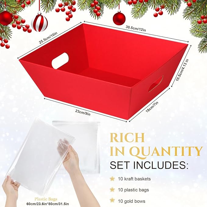AFOROEOA 10PACK Red Baskets For Gifts Empty, 10x12”Thick Kraft Gift Basket with 10 Bows 10 Bags Empty Gift Baskets for Christmas, Easter, Birthdays, Snacks, Farmers Market - Image 2