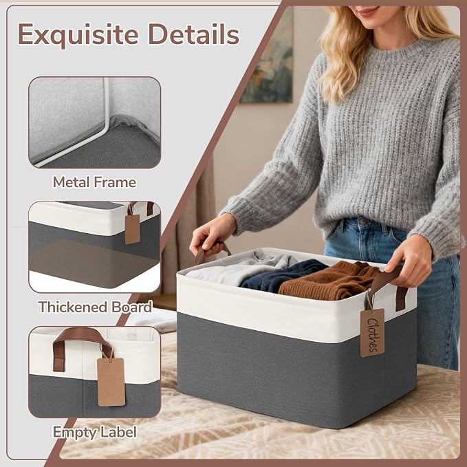 CHICVITA 4 Pack Large Storage Baskets for Shelves, Collapsible Closet Organizer Bins with Handles, Decorative Shelf Baskets for Bedroom Living Room, 16.8" x 11" x 9.8", Gray & White - Image 5