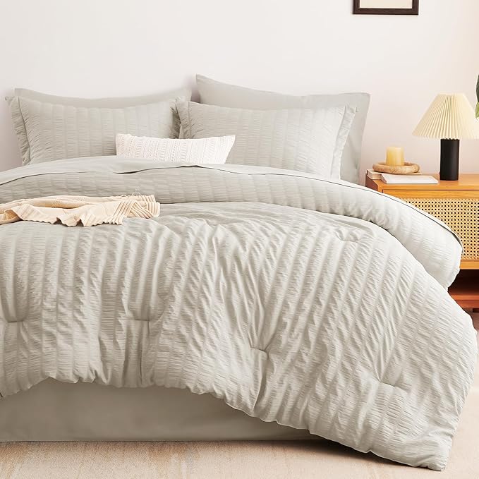 CozyLux Oversized Queen Comforter Set Beige Seersucker 7 Pieces 98x98 Bed in a Bag Comforter Set with Sheets, Luxury Soft Bedding Sets with Down Alternative Comforter, Sheets, Pillowcases & Shams
