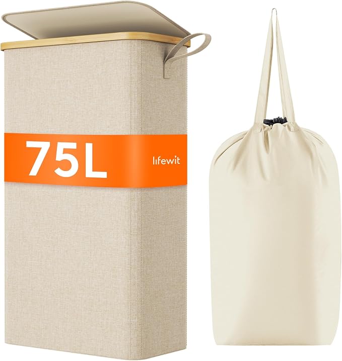 Lifewit 75L Slim Laundry Hamper with Lid, Narrow Laundry Basket with Removable Bag & Bamboo Handles, Fodable Thin Dirty Clothes Hamper for Laundry Collapsible Bin for Bathroom Bedroom Dorm, Beige by Lifewit