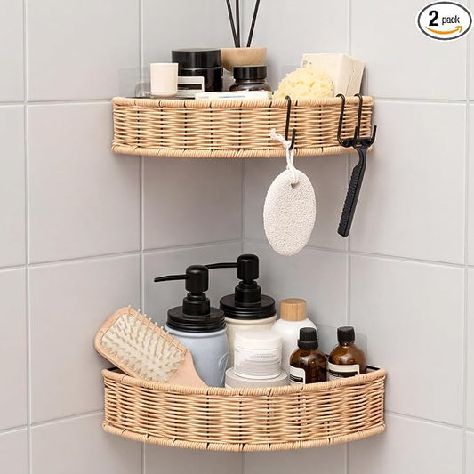 GRANNY SAYS 2 Pack Wicker Corner Shower Caddy Hanging, Shower Shelf for Inside Showers, Adhesive Shelves for Bathroom Organizers and Storage, Bathroom Shelves Wall Mounted for Home Decor, Natural by GRANNYSAYS