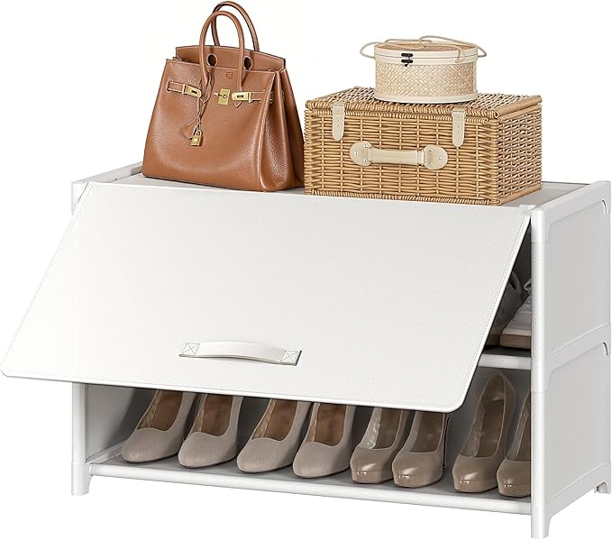 Shoe Rack, 3 Tier Shoe Storage Cabinet with Door 12 Pair Plastic Shoe Shelves Organizer for Closet, Entryway, Hallway, Bedroom, White by UNITSTAGE