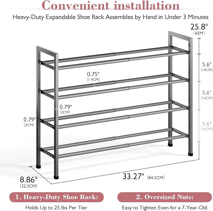 Bumusty 4-Tier Expandable Shoe Rack for Closet, 18“-33” Adjustable Shoe Rack for Small Space, Small Shoe Organizer for Front Door, Sturdy Metal, Gray - Image 3